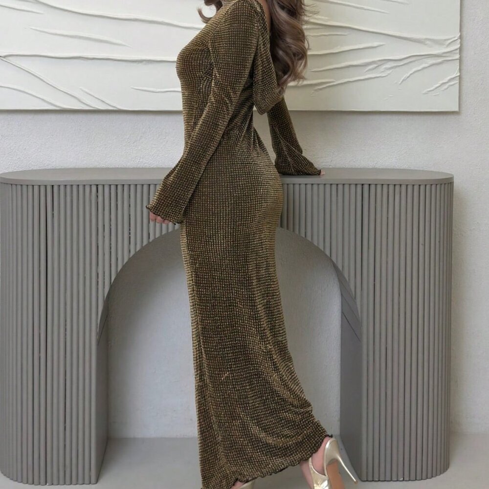 Gold Party Women's Silk Backless Shimmering Long Sleeve Dress - Picture 3 of 6